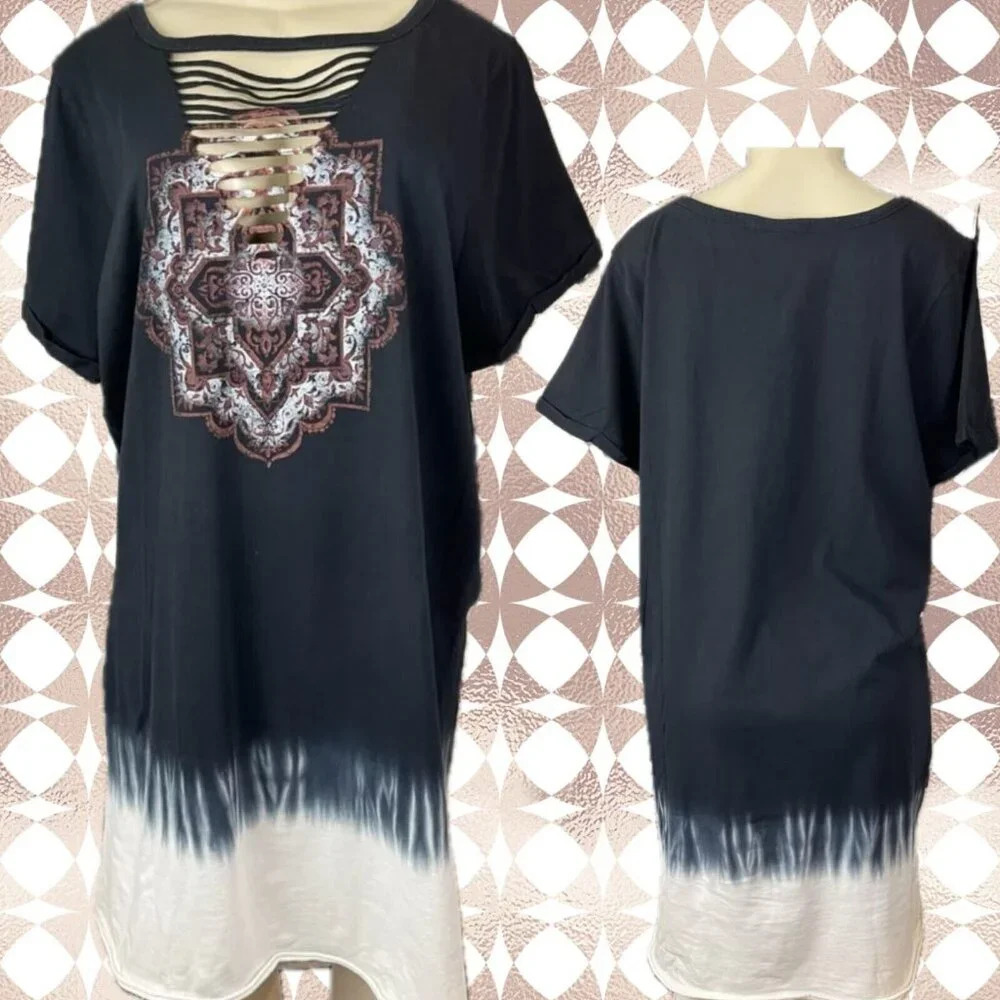 Torrid +3 Black Dip-Dye Slashed V-Neck Accent Print Short Sleeve T-Shirt Dress